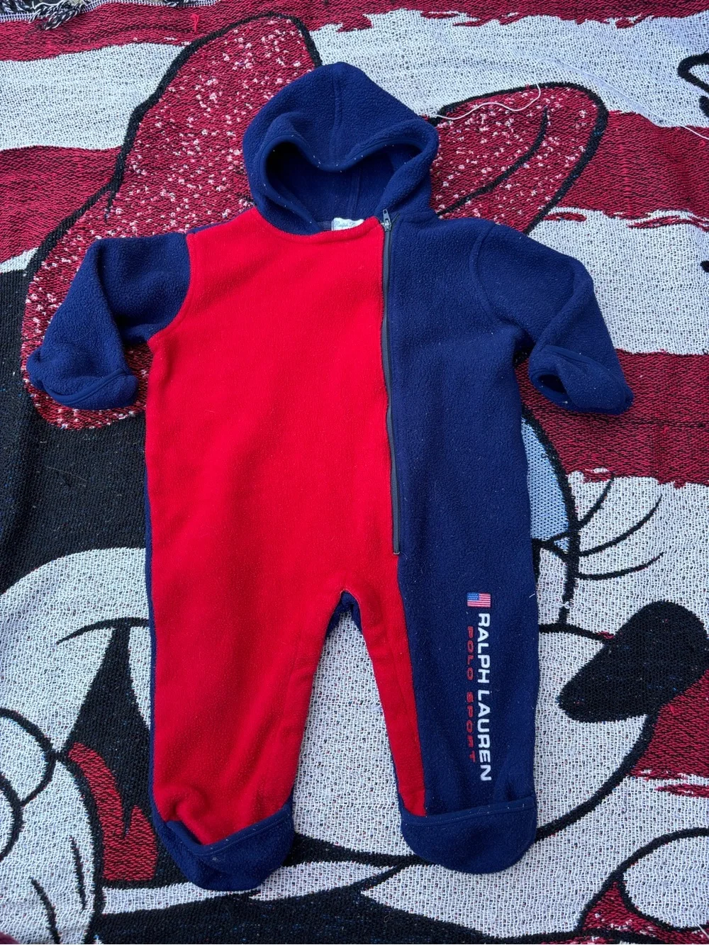 RALPH LAUREN POLO SPORT RED BLUE FLEECE ONE PIECE ROMPER SIZE 6/12 MONTHS